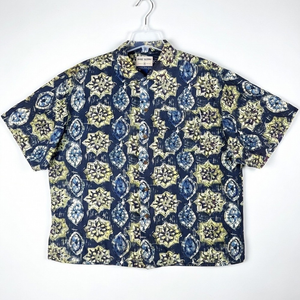 Vtg High Sierra Men's L Blue Green Geometric Rayon Short Sleeve Button Up Shirt